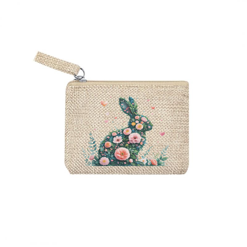 Pochette personnalisée motif lapin fleur en toile et simili cuir personnalisée