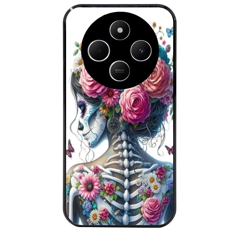 Coque noire taperso pour POCO C75 avec motif tete de mort calavera papillon protection antichoc personnalisée