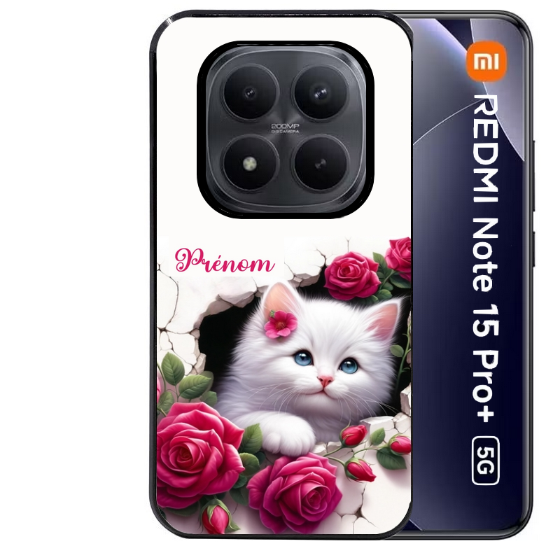 Coque noire taperso pour Redmi Note 15 et PRO PLUS 4G 5G avec motif chat fleurs personnalisee protection antichoc personnalisée