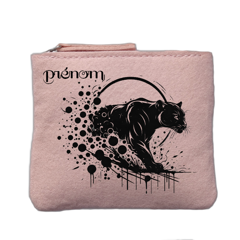 Porte monnaie personnalisé motif panthere black rose clair en feutrine en feutrine