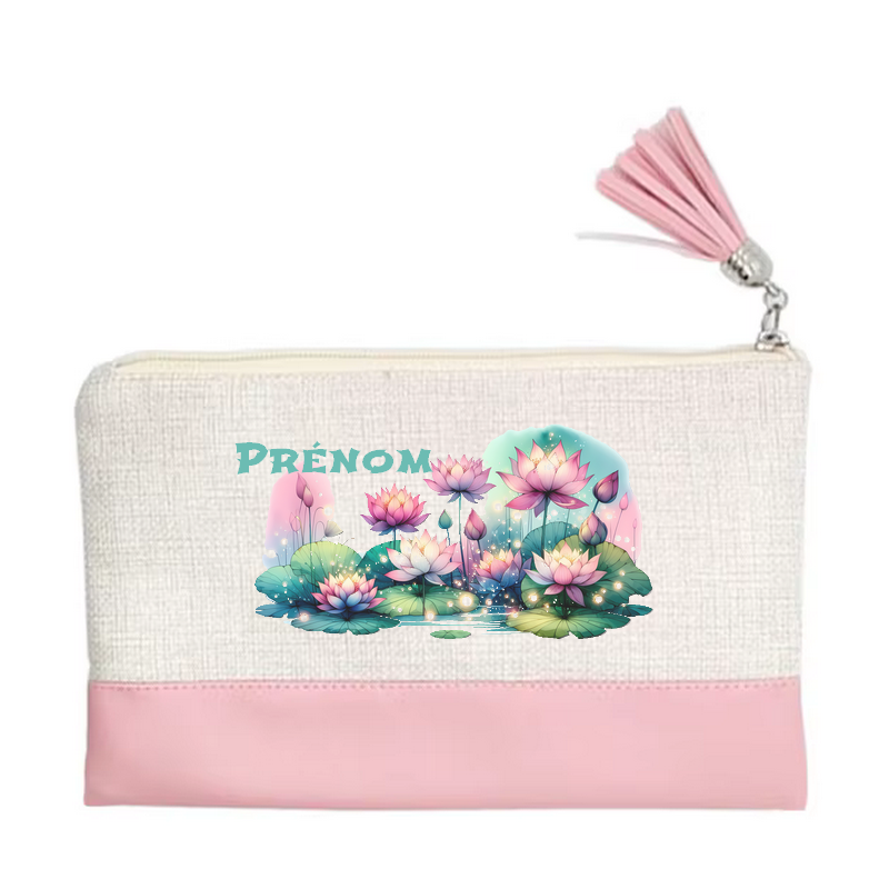 Pochette personnalisée motif fleur lotus en toile et simili cuir personnalisée