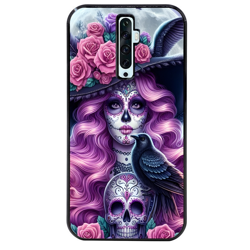 Coque noire taperso pour OPPO Reno 2 et 2Z avec motif tete de mort calavera et corbeau protection antichoc personnalisée