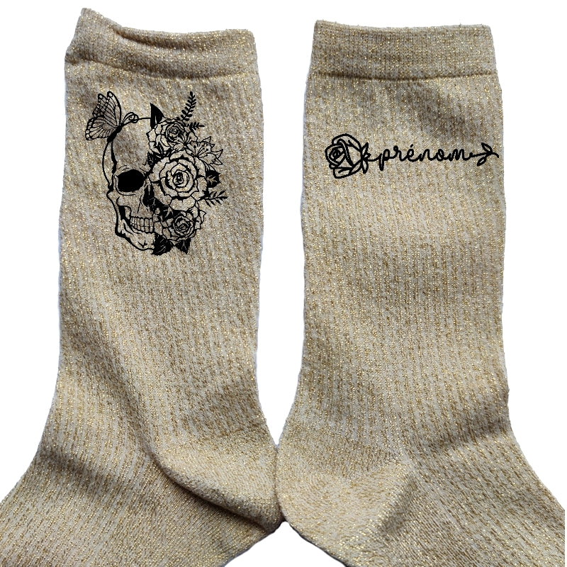 Chaussettes personnalisée paillettes doré motif tëte de mort fleur