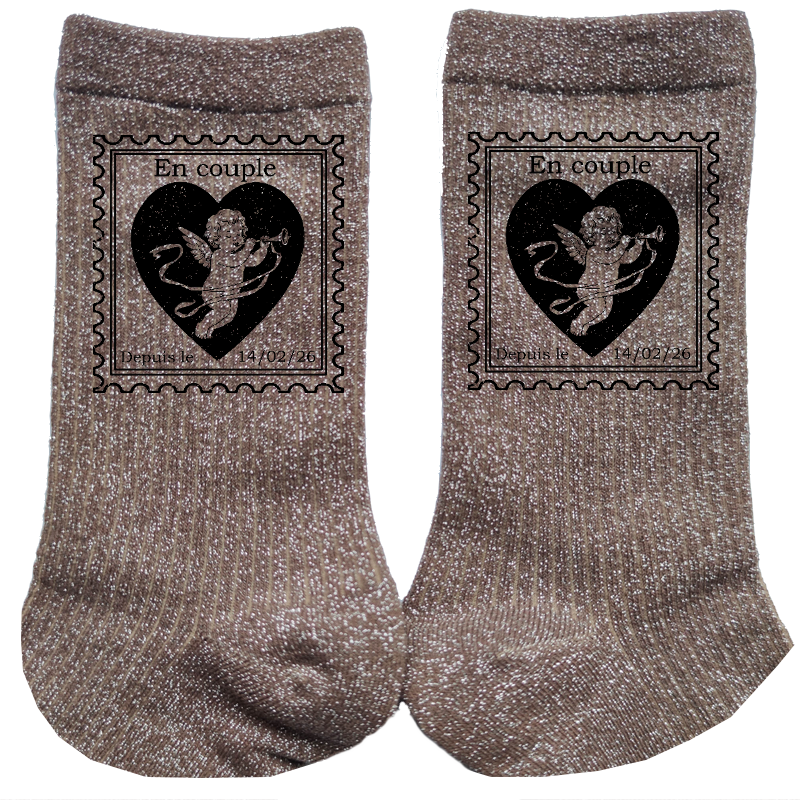 Chaussettes personnalisées paillettes bronze motif en couple