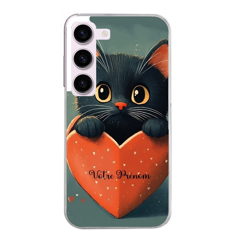 Coque taperso pour Galaxy A13 4G et 5G A23 A53 avec motif chat et coeur avec prenom protection antichoc personnalisée