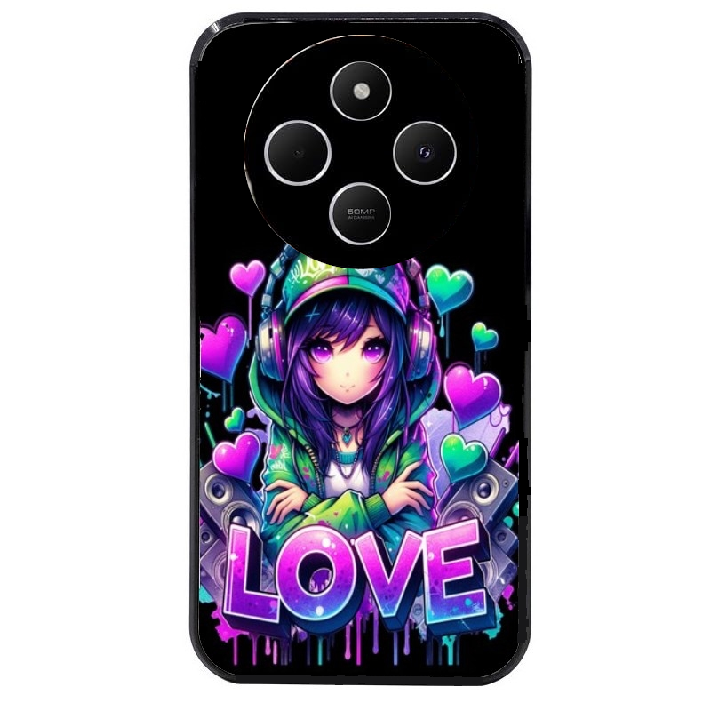 Coque noire taperso pour POCO C75 avec motif anime manga et love protection antichoc personnalisée