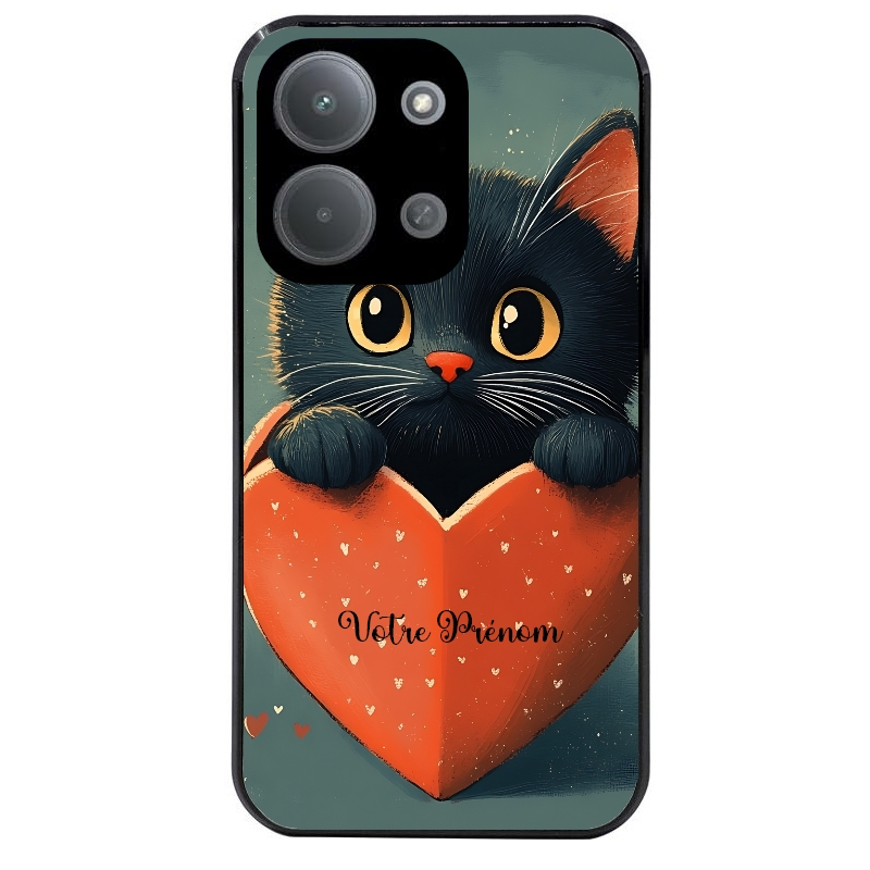 Coque noire taperso pour POCO C85 avec motif chat et coeur avec prenom protection antichoc personnalisée
