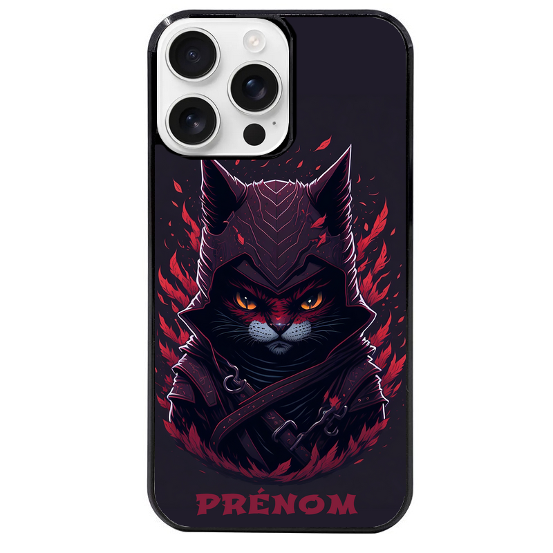Coque noire taperso pour Iphone 16 16E PLUS MAX PRO avec motif chat samourai personnalise protection antichoc personnalisée