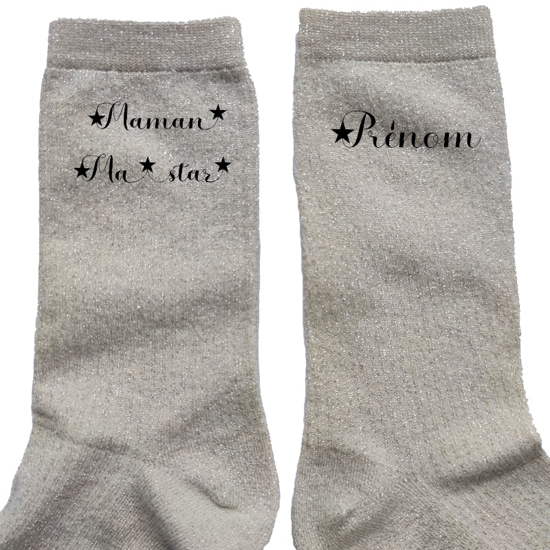 Chaussettes personnalisée paillettes crème motif maman star