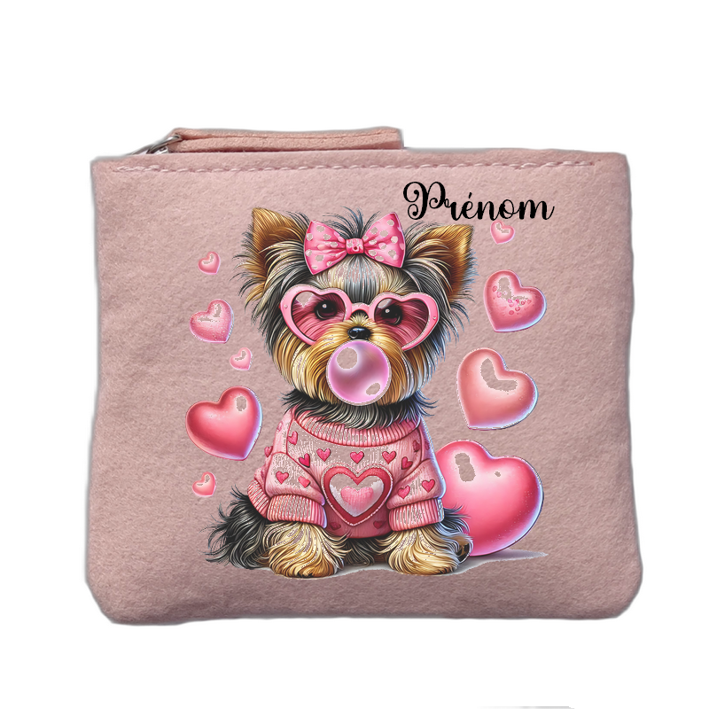 Porte monnaie personnalisé motif chien lunettes rose clair en feutrine en feutrine