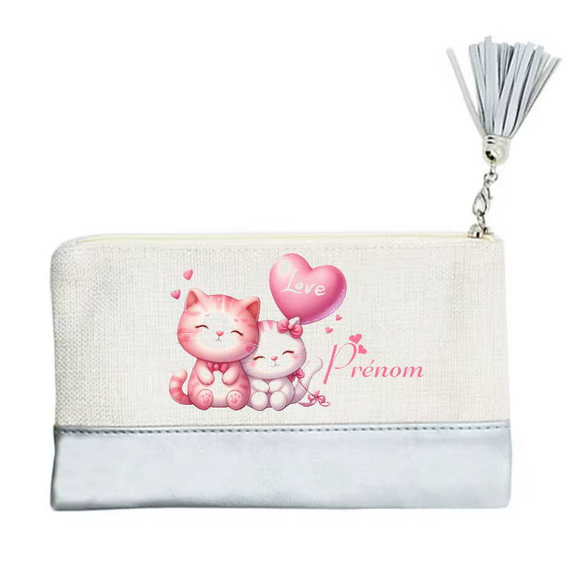 Pochette personnalisée motif chat love en toile et simili cuir personnalisée