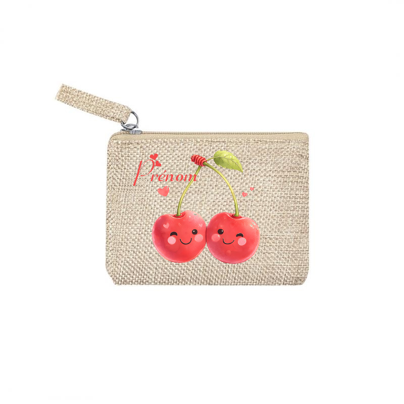 Pochette personnalisée motif cerise love en toile et simili cuir personnalisée