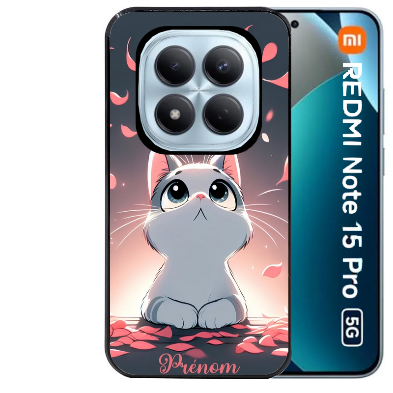 Coque noire taperso pour Redmi Note 15 et PRO PLUS 4G 5G avec motif chat anime avec votre prenom protection antichoc personnalisée