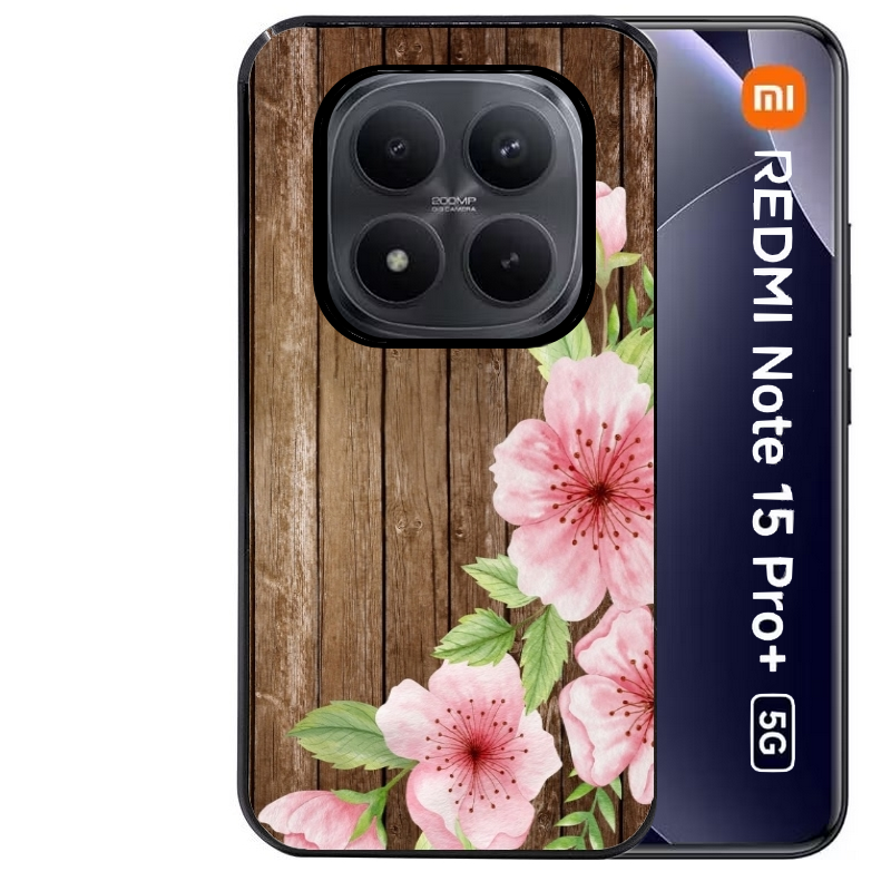 Coque noire taperso pour Redmi Note 15 et PRO PLUS 4G 5G avec motif bois avec fleur rose protection antichoc personnalisée