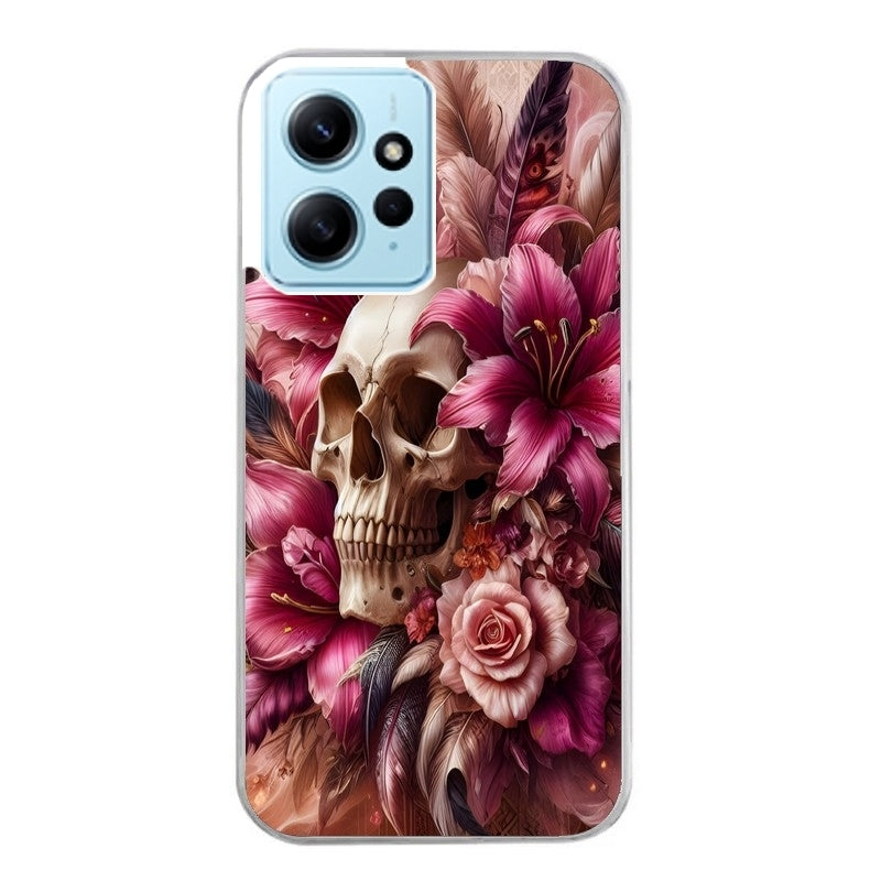 Coque taperso pour Redmi Note 12 4G 5G PRO 4G avec motif tete de mort skull plume protection antichoc personnalisée