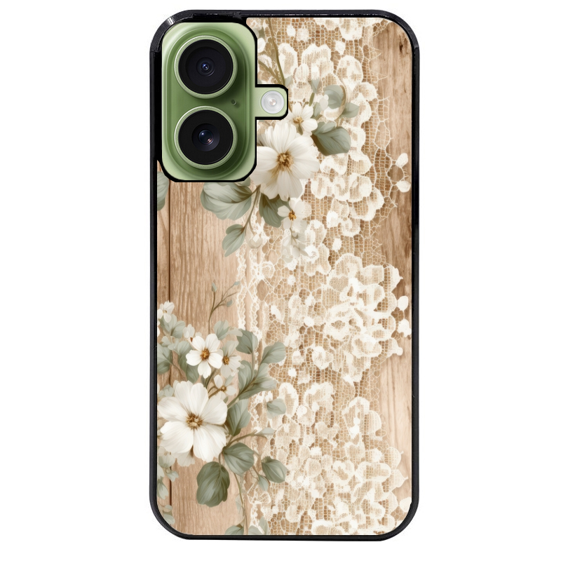 Coque noire taperso pour Iphone 16 16E PLUS MAX PRO avec motif bois et dentelle 1 protection antichoc personnalisée