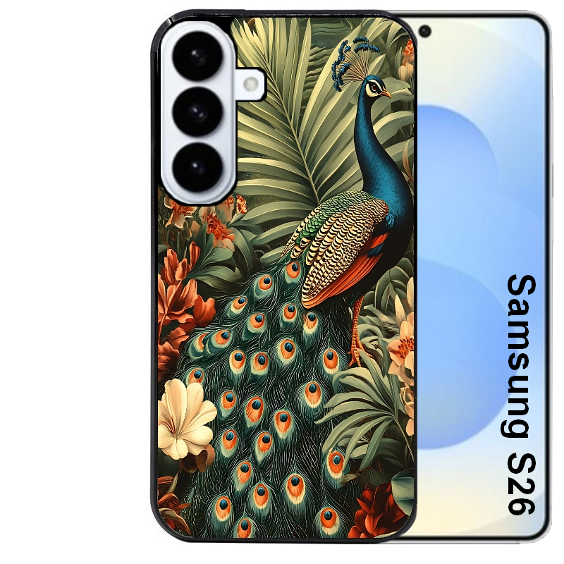 Coque noire taperso pour galaxy S26 et PLUS ULTRA FE avec motif paon tropical protection antichoc personnalisée