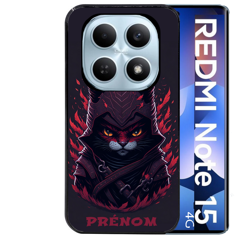 Coque noire taperso pour Redmi Note 15 et PRO PLUS 4G 5G avec motif chat samourai personnalise protection antichoc personnalisée
