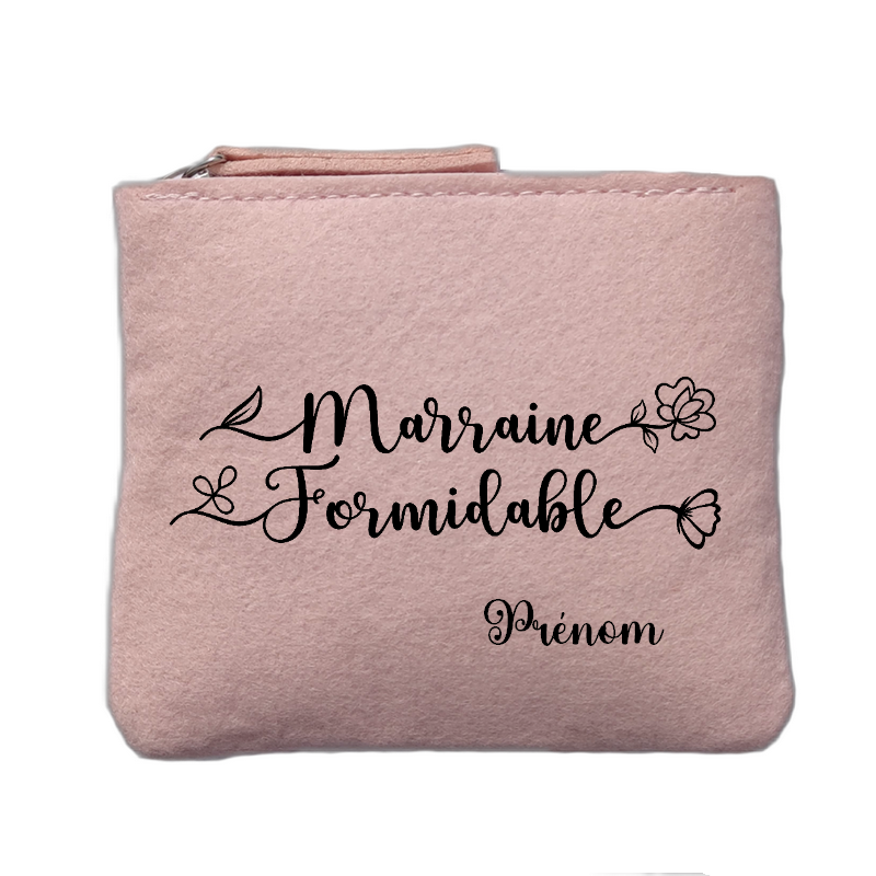 Porte monnaie personnalisé motif marraine formidable rose clair en feutrine en feutrine