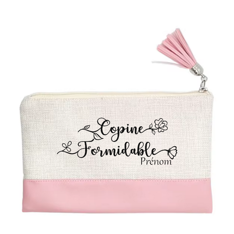Pochette personnalisée motif copine formidable en toile et simili cuir personnalisée