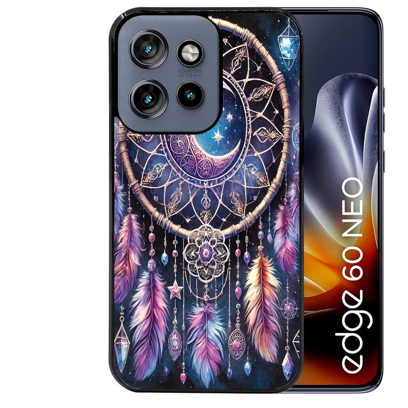 Coque noire taperso pour Moto Edge 60 et Neo Fusion Pro avec motif dreamcatcher et lune protection antichoc personnalisée