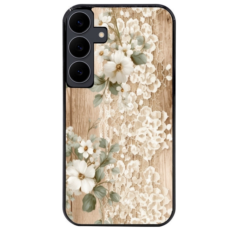 Coque noire taperso pour galaxy A06 A16 A26 A36 A56 avec motif bois et dentelle 1 protection antichoc personnalisée