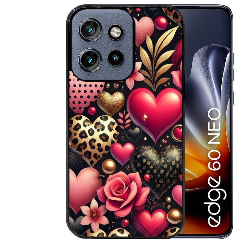 Coque noire taperso pour Moto Edge 60 et Neo Fusion Pro avec motif coeur et leopard protection antichoc personnalisée