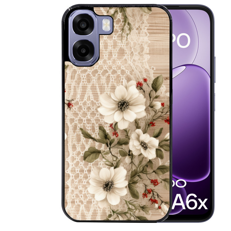 Coque noire taperso pour OPPO A6 A6X 4G et 5G avec motif bois et dentelle 2 protection antichoc personnalisée