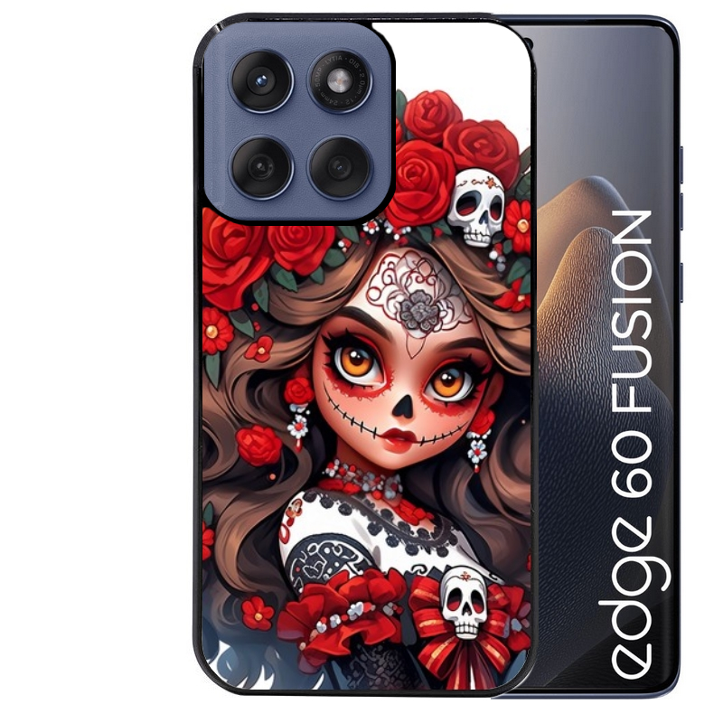 Coque noire taperso pour Moto Edge 60 et Neo Fusion Pro avec motif tete de mort calavera rouge protection antichoc personnalisée