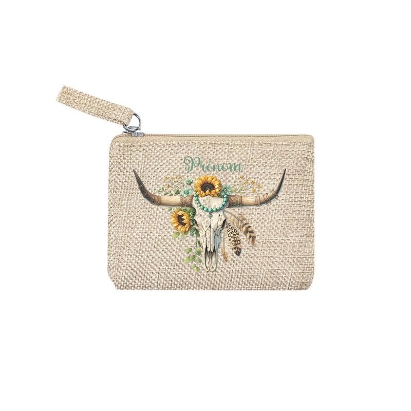 Pochette personnalisée motif skull bull plume en toile et simili cuir personnalisée