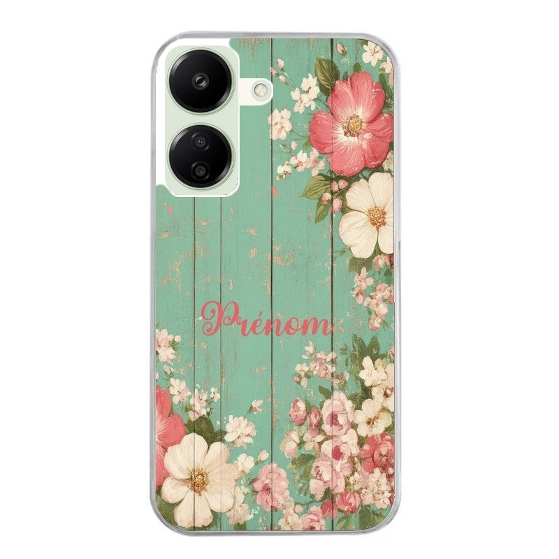 Coque taperso pour POCO C65 4G avec motif bois et fleur avec votre prenom protection antichoc personnalisée