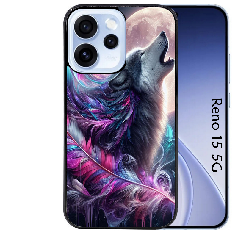 Coque noire taperso pour OPPO Reno 15 et F FS 5G avec motif loup et plume protection antichoc personnalisée