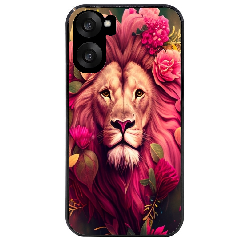 Coque noire taperso pour OnePlus Nord CE5 avec motif lion et fleurs rose protection antichoc personnalisée
