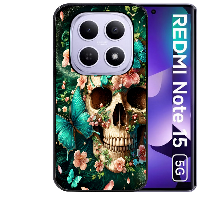 Coque noire taperso pour Redmi Note 15 et PRO PLUS 4G 5G avec motif tete de mort skull printemps protection antichoc personnalisée