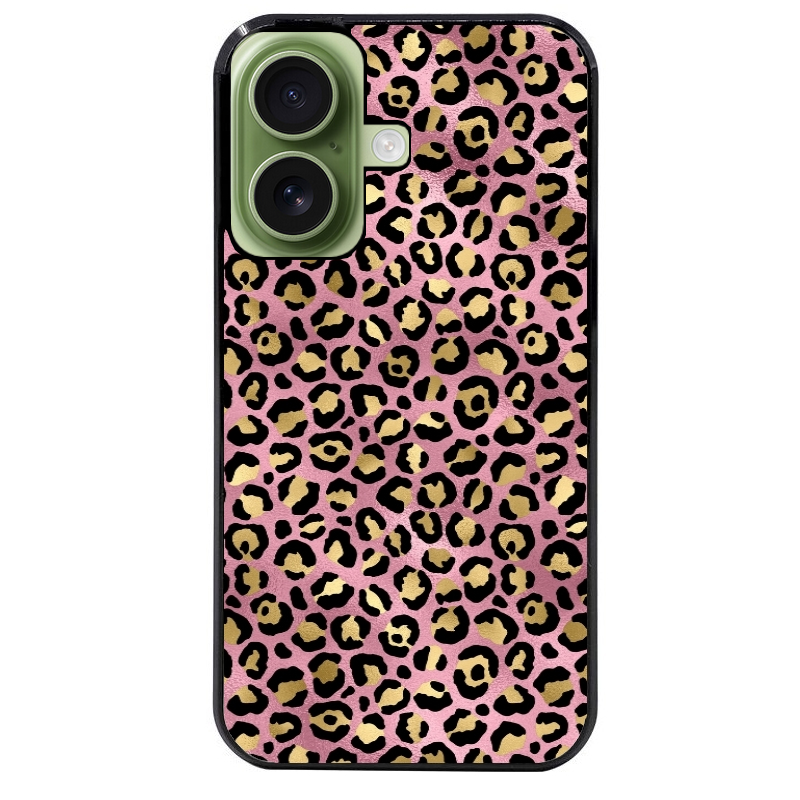 Coque noire taperso pour Iphone 16 16E PLUS MAX PRO avec motif leopard rose protection antichoc personnalisée
