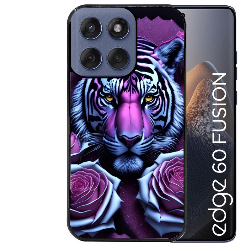 Coque noire taperso pour Moto Edge 60 et Neo Fusion Pro avec motif tigre uv style manga protection antichoc personnalisée