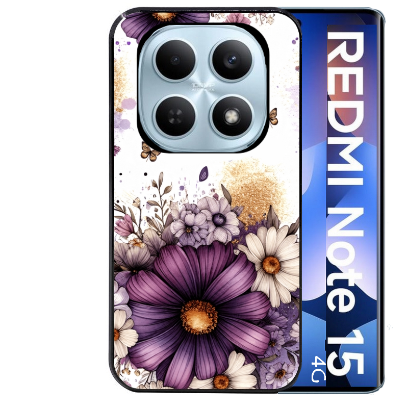 Coque noire taperso pour Redmi Note 15 et PRO PLUS 4G 5G avec motif fleur violette personnalisee protection antichoc personnalisée