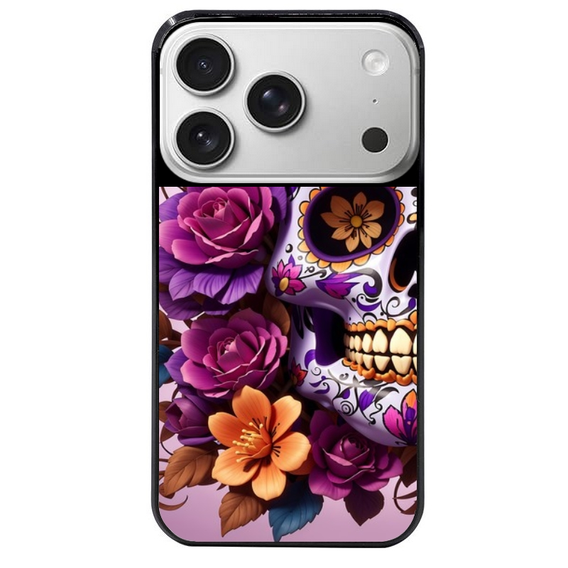 Coque noire taperso pour Iphone 17 17E AIR MAX PRO avec motif tete de mort calavera violette protection antichoc personnalisée