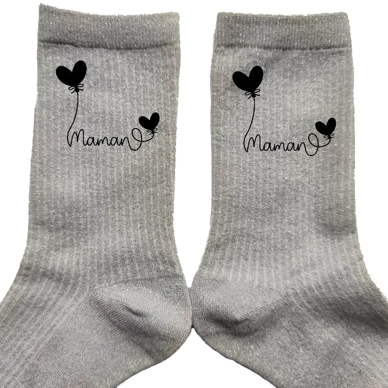 Chaussettes paillettes argent motif maman coeur