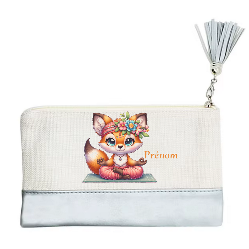 Pochette personnalisée motif fox renard yoga en toile et simili cuir personnalisée