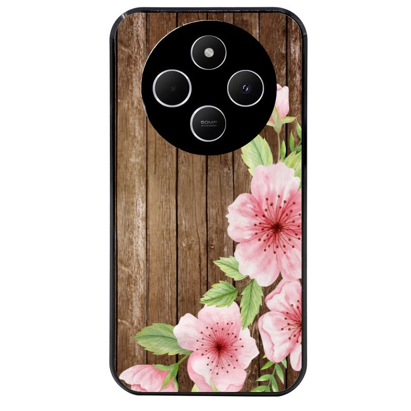 Coque noire taperso pour POCO C75 avec motif bois avec fleur rose protection antichoc personnalisée