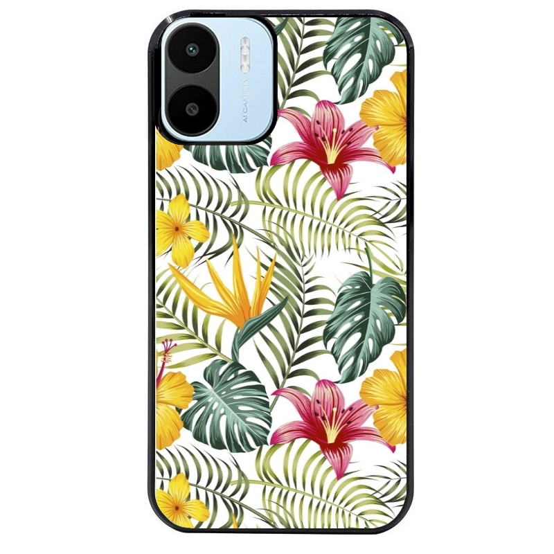 Coque noire taperso pour Redmi A1 et A2 avec motif jungle et fleur hibiscus protection antichoc personnalisée