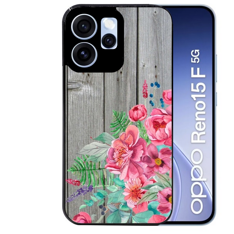 Coque noire taperso pour OPPO Reno 15 et F FS 5G avec motif bois gris et fleur rose protection antichoc personnalisée