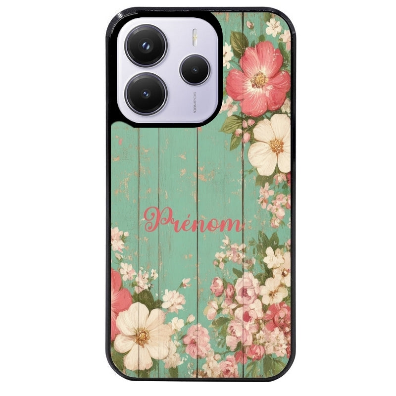 Coque noire taperso pour Redmi Note 14 et PRO PLUS 4G 5G avec motif bois et fleur avec votre prenom protection antichoc personnalisée