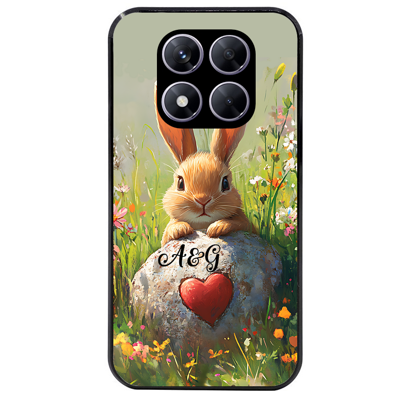 Coque noire taperso pour Redmi Note 14 et PRO PLUS 4G 5G avec motif lapin et fleurs personnalisee protection antichoc personnalisée