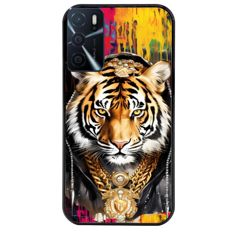 Coque noire taperso pour OPPO A16 et A16S avec motif tigre style hip hop protection antichoc personnalisée