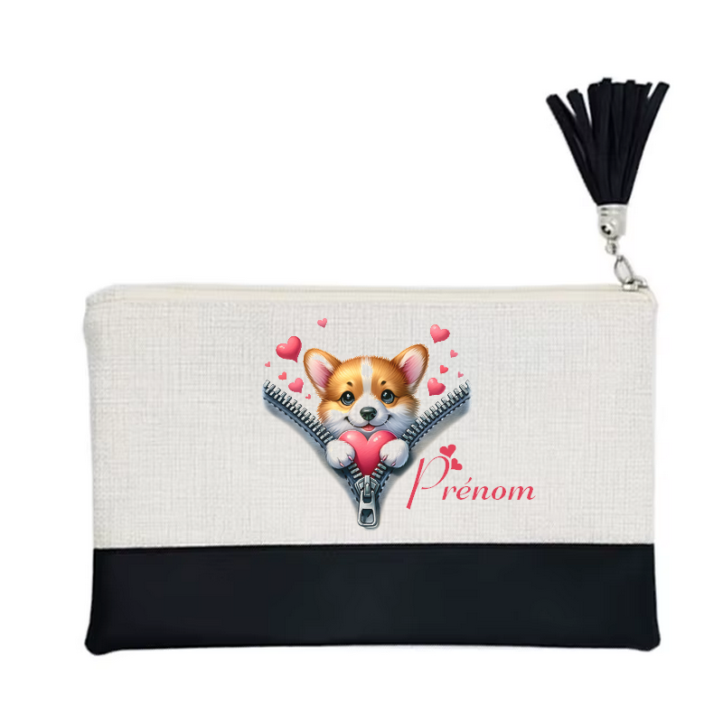 Pochette personnalisée motif chien zip en toile et simili cuir personnalisée
