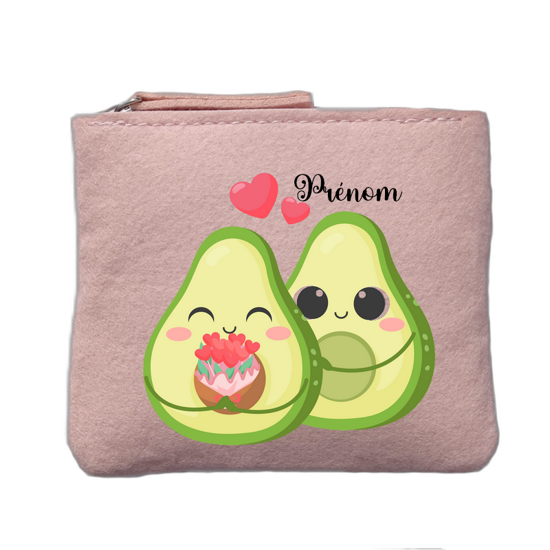 Porte monnaie personnalisé motif avocat love rose clair en feutrine en feutrine