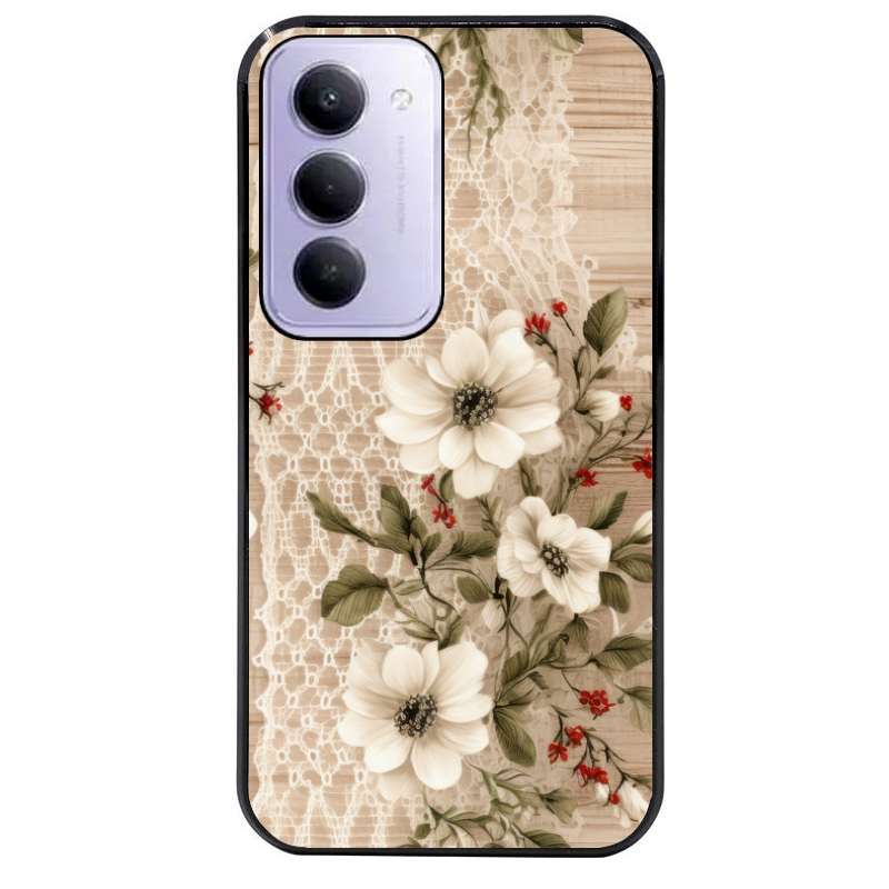 Coque noire taperso pour Redmi 15 4G et 5G avec motif bois et dentelle 2 protection antichoc personnalisée