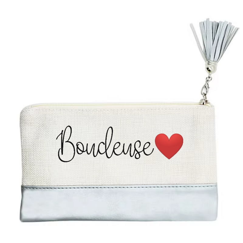 Pochette motif boudeuse et cœur en toile et simili cuir